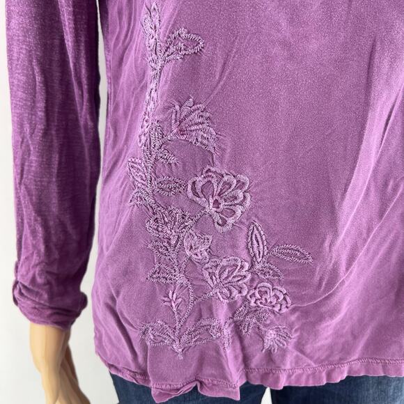 Sonoma (M) Purple Floral Embroidered Roll-Tab Sleeve Henley Tee Shirt - Picture 3 of 8